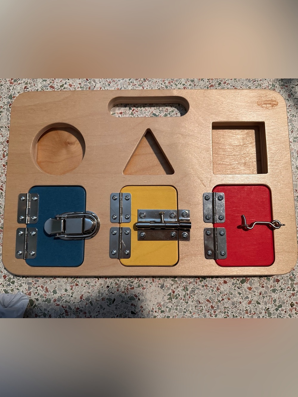 Wooden Latch Board Busy Board for Kids - Yellow, Blue, Red